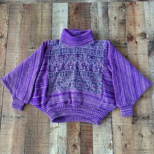 Vintage Handmade Purple Knit Poncho Sweater With Turtleneck & Batwing Sleeves